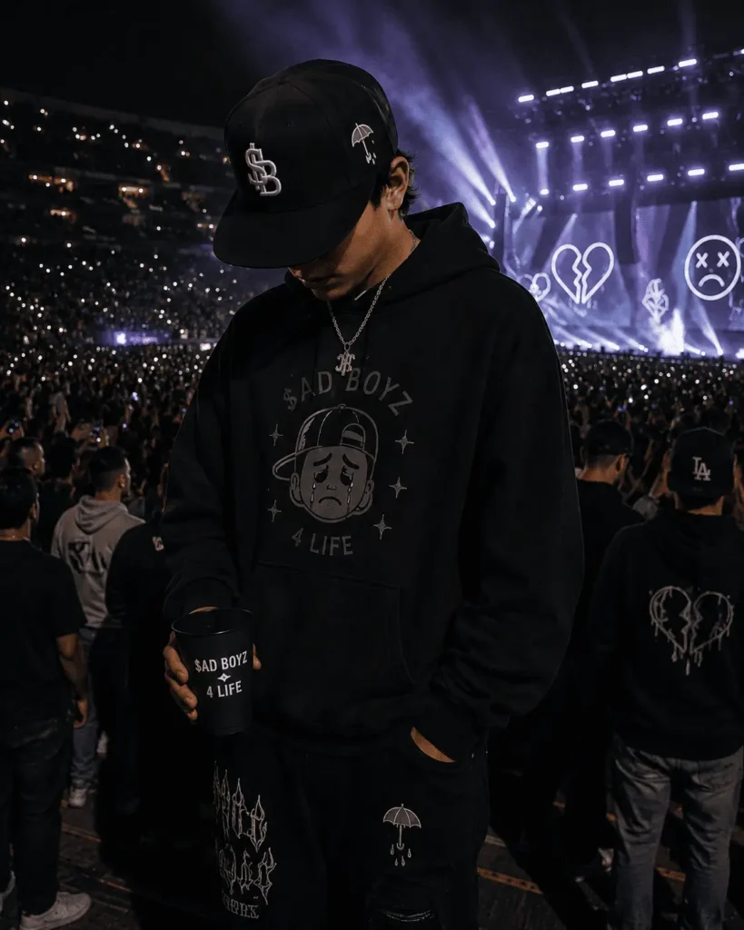 Joven mexicano con outfit Sad Boyz aesthetic en un concierto, usando gorra snapback negra, hoodie oversize y ropa urbana oscura.