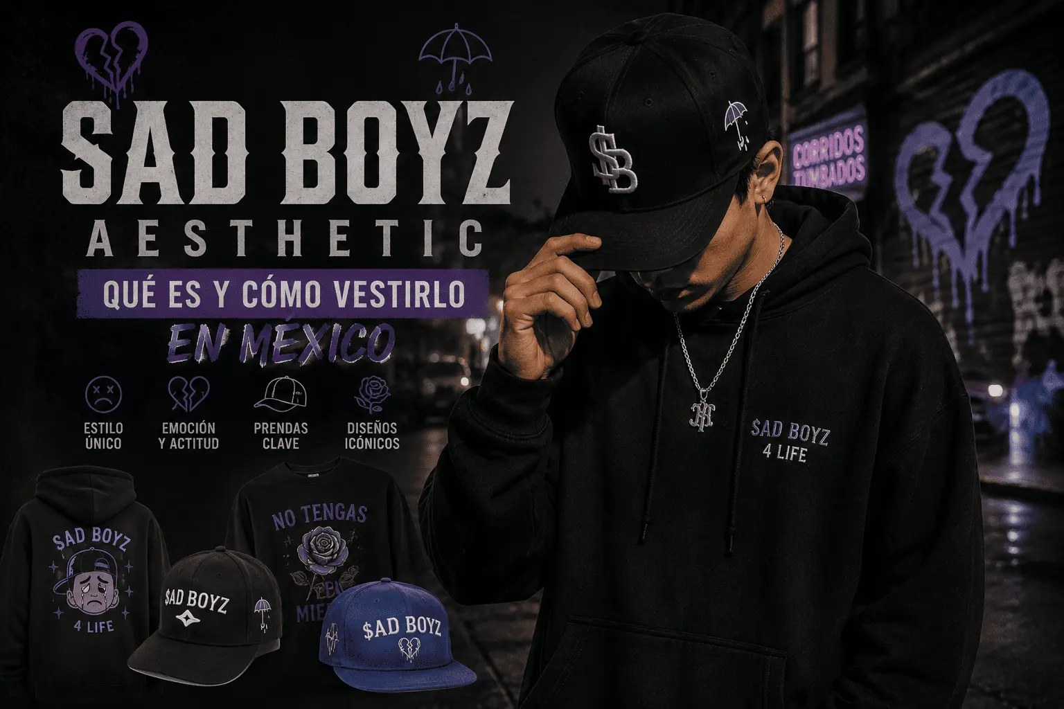 Sad Boyz aesthetic en México con outfit urbano oscuro, gorra snapback negra, hoodie oversize y estilo streetwear inspirado en corridos tumbados.