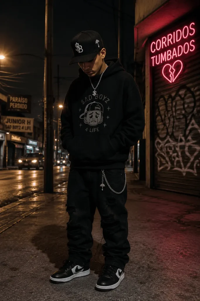 Joven mexicano usando un outfit Sad Boyz aesthetic en México con gorra snapback negra, hoodie oversize, jeans oscuros y tenis.