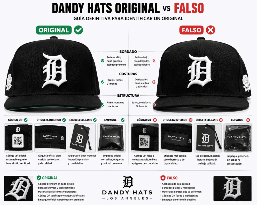 Dandy Hats Original vs falso con diferencias de bordado, código QR, costuras y etiquetas para verificar autenticidad