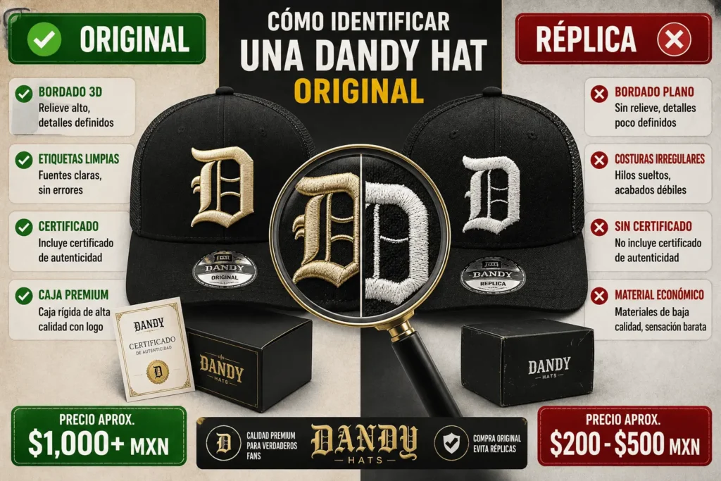Gorras Dandy Hats precio comparando gorra original y réplica con bordado, certificado y calidad